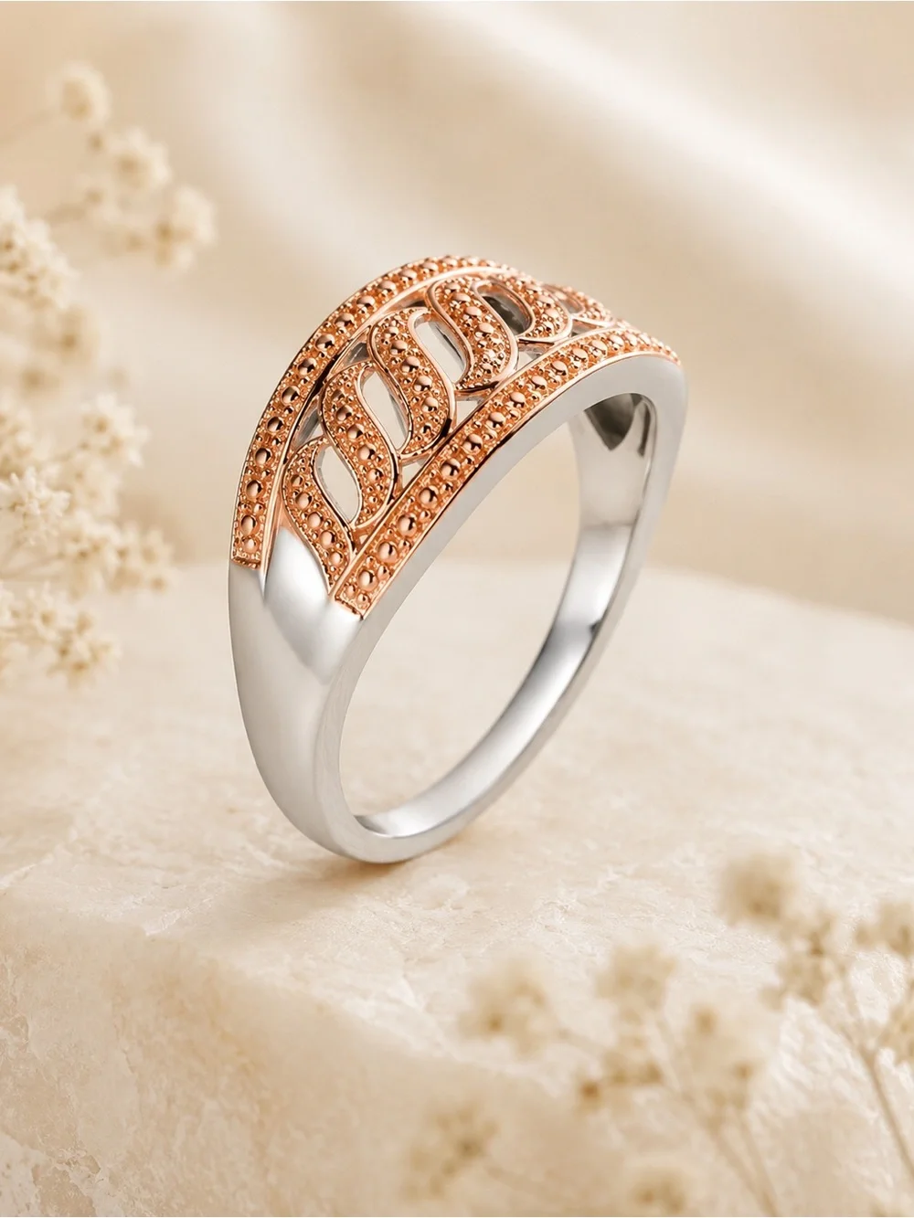 Natural Champagne Diamond Accent Swirl Ring Rose Gold & Platinum Bond Brass